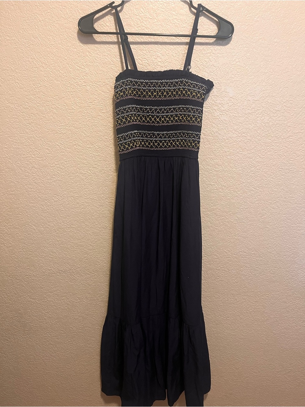 Evereve Navy Smocked Maxi Dress with Embroidered Stitching